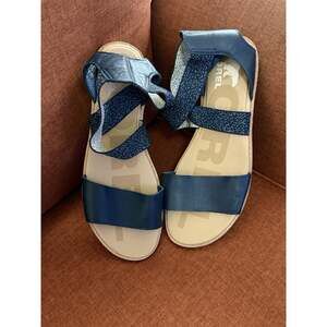 Sorel Ella II Leather Sandals Women’s 10 Blue Comfort Flat Coastal Shoes